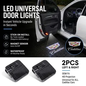 2PCS Universal Wireless LED Car Door Puddle Lights for Cadillac, HD Logo Welcome Projector Lamp, Carbon Fiber No Wiring Stick-On Car Accessories, Fits All Models Escalade CTS ATS XT5 XT4