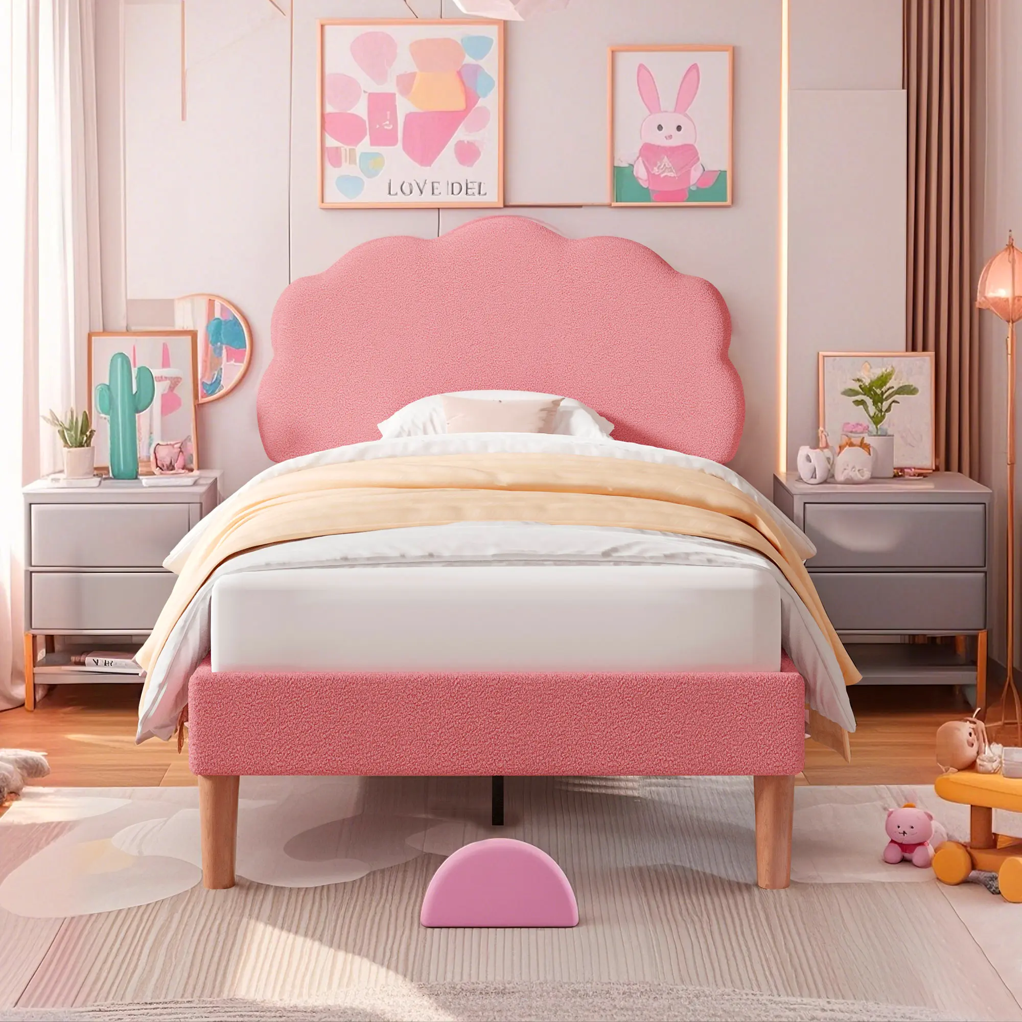 VECELO Twin Size Bed Frame, Upholstered Platform Bedframe with Height Adjustable Plush Fabric Headboard, Strong Wood Slat Supports, No Box Spring Needed, Pink