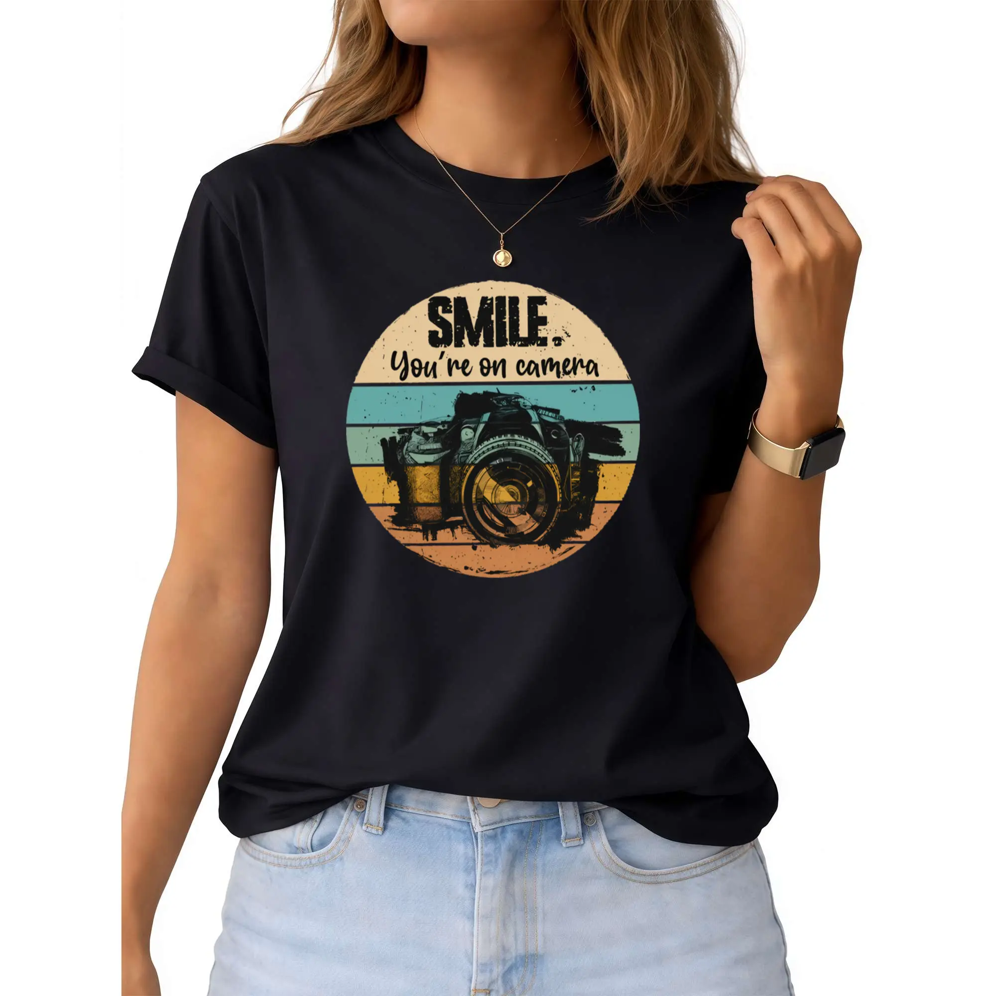 Women's Vintage Photography T-Shirt - Retro Camera Graphics Suitable for Photography Events & Daily Wear - Casual Round Neck Tee for Photographers, Birthday Gift for Photo Lovers (Machine Washable)