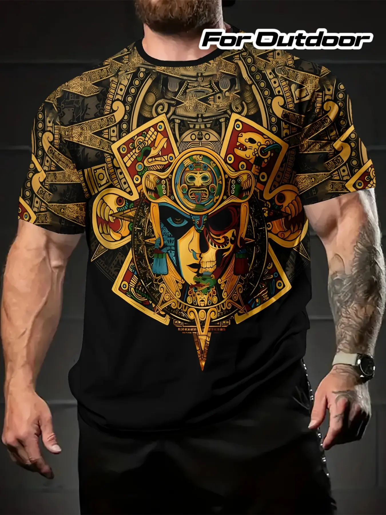 Men's Mexican Culture Aztec Inspired Gold Totem Tribal Print Casual Fitted T-Shirt, Casual Fashion Wear, Casual Graphic Design, Southwest Design, Streetwear, Gift