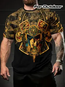 Men's Mexican Culture Aztec Inspired Gold Totem Tribal Print Casual Fitted T-Shirt, Southwest Design, Streetwear, Gift