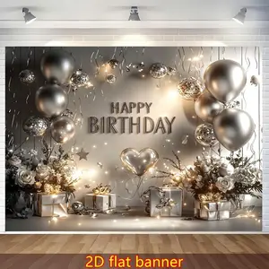 2D flat banner,1pc, Happy Birthday Banner, Silvery and White Balloons with Gift Birthday Party Celebration Decoration, 16th, 18th, 21st, 30th, 40th, 50th, 60th Birthday Party Universal Backdrop Spring Decoration Ornaments