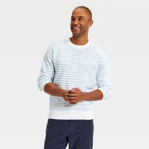Men's Soft Knit Crewneck Sweater - Goodfellow & Co White/Blue Striped XL