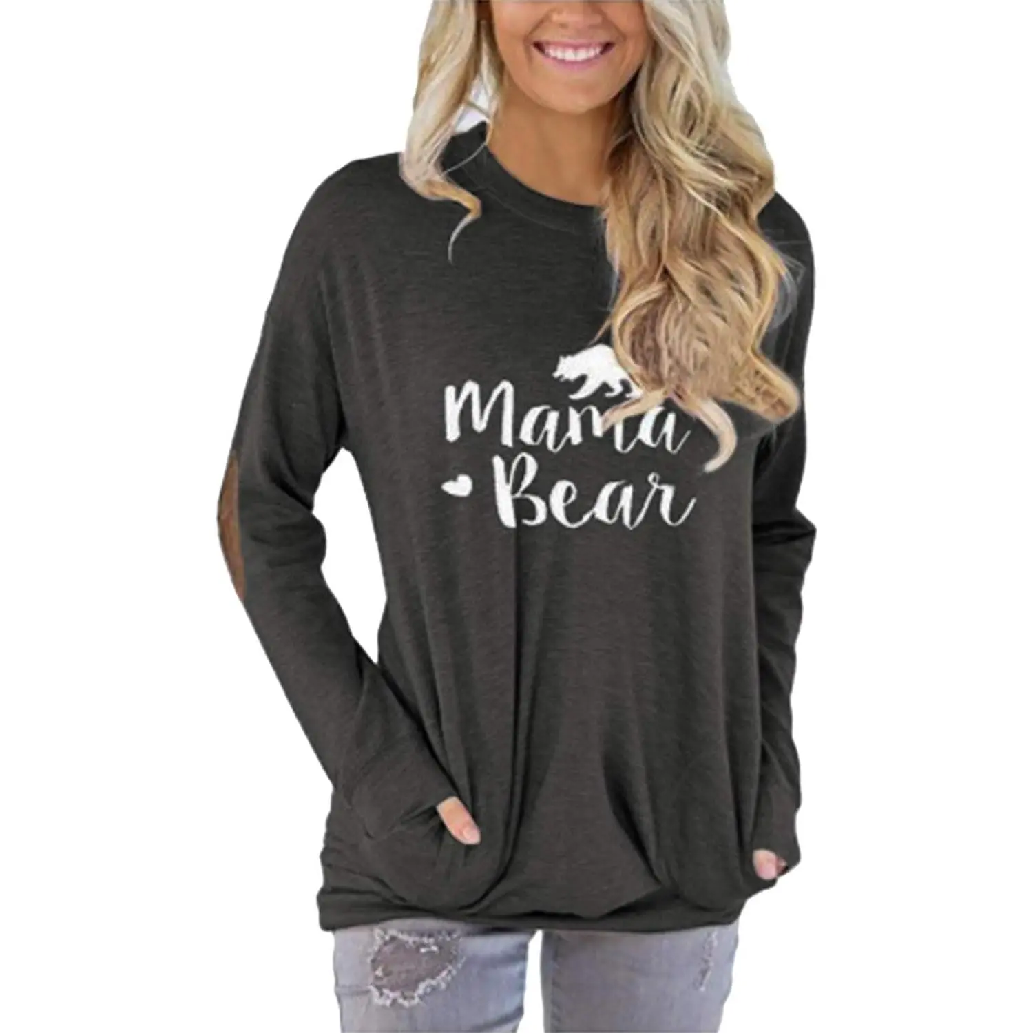 Women'S Mama Bear Shirt Long Sleeve Patches Pockets Top Black Size S