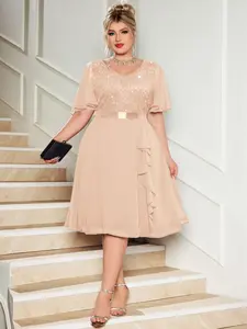 MISSMAY P24368A Plus V-Neck Sequin Floral Lace Chiffon Butterfly Sleeve Contrast Ruffle Hem Evening Party Swing Dress, Elegant Prom Semi Formal Wedding Guest Dress, For Birthday, Graduation, Dinner Date