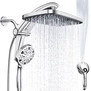 Dock-Free Dual Rain Shower Head Combo | 3 Step Install | 12" High Pressure Rainfall Showerhead | 8 Sprays 2 Power Jets Settings Handheld | 59" Hose | Magnetic Snap-to-Dock | Adjustable Height/Angle | Shower Heads |No-Drill Luxury Standing Showers