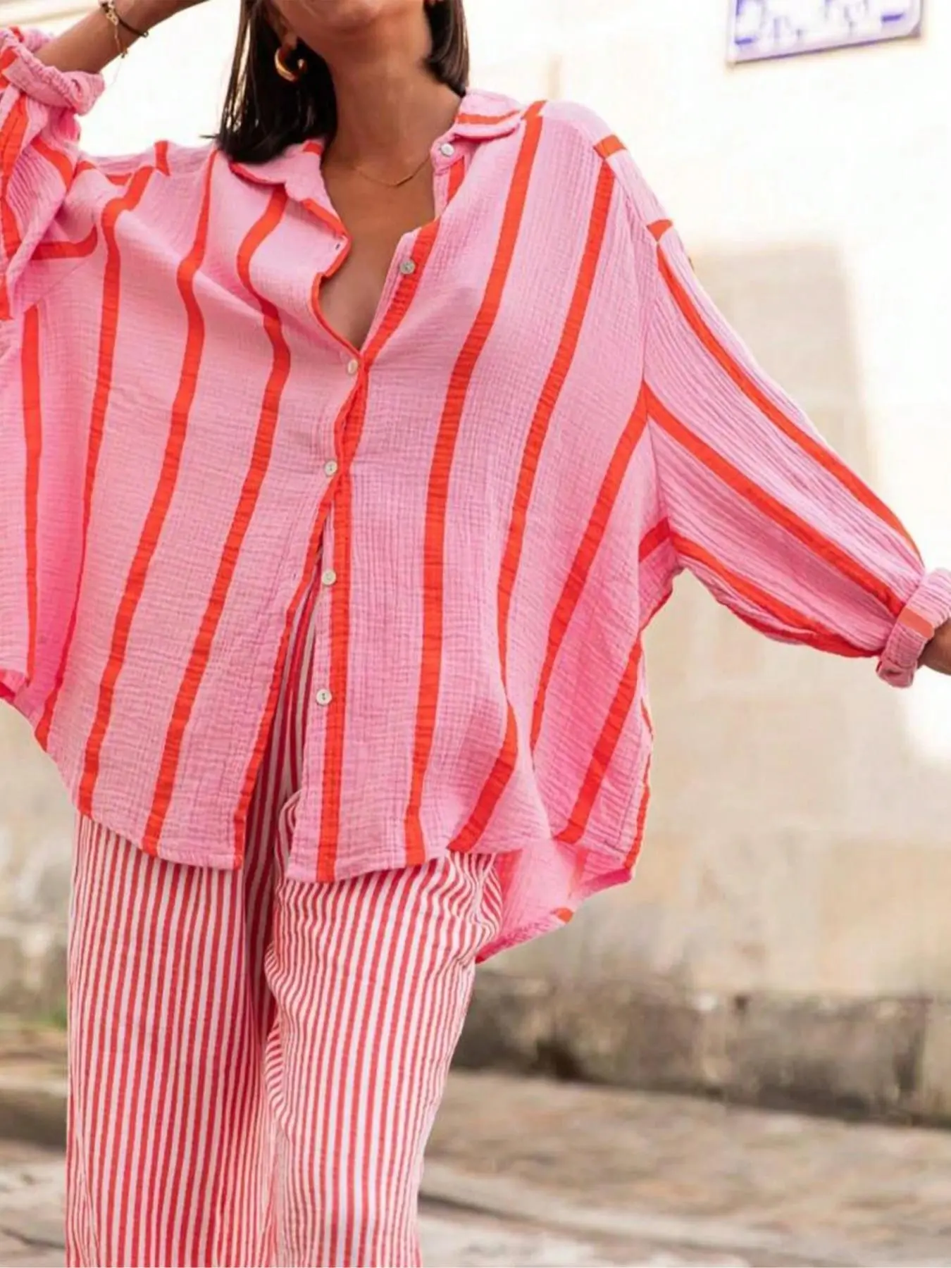 [Plus Size] Women's Striped Print Shirt, Button Up Long Sleeve Collared Blouse Shirts Womenswear for Spring & Fall, Casual Fashion Top for Daily Wear