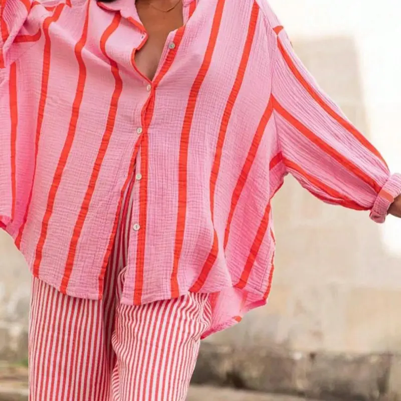 [Plus Size] Women's Striped Print Shirt, Button Up Long Sleeve Collared Blouse Shirts Womenswear for Spring & Fall, Casual Fashion Top for Daily Wear