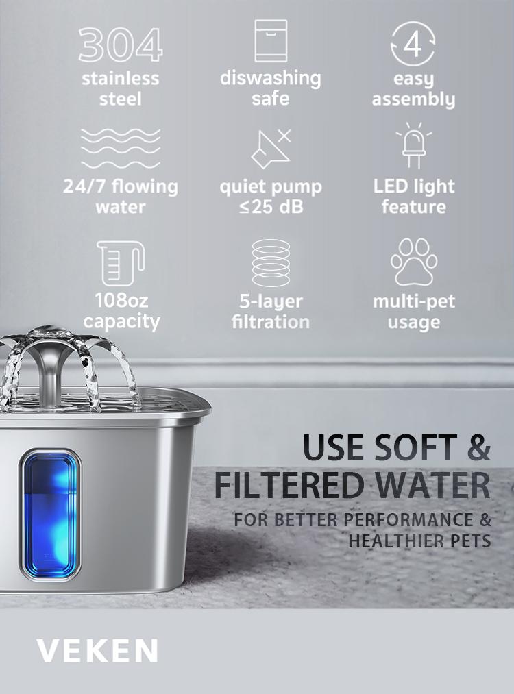 【Veken】 Innovation Award Winner Stainless Steel Cat Water Fountain, 108oz/3.2L Automatic Pet Fountain Dog Water Dispenser with Replacement Filters & Silicone Mat for Cats, Dogs, Multiple Pets，Petlovers
