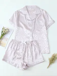Women's Satin Leopard Print Pajamas Set, Summer Casual Loose-Fit Sleepwear, Short Sleeve Shirt & Elastic Waist Shorts, Soft Comfortable Fabric