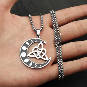 Stainless steel witch knot moon love knot Celtic knot splicing pendant hollow geometric couple necklace for men and women