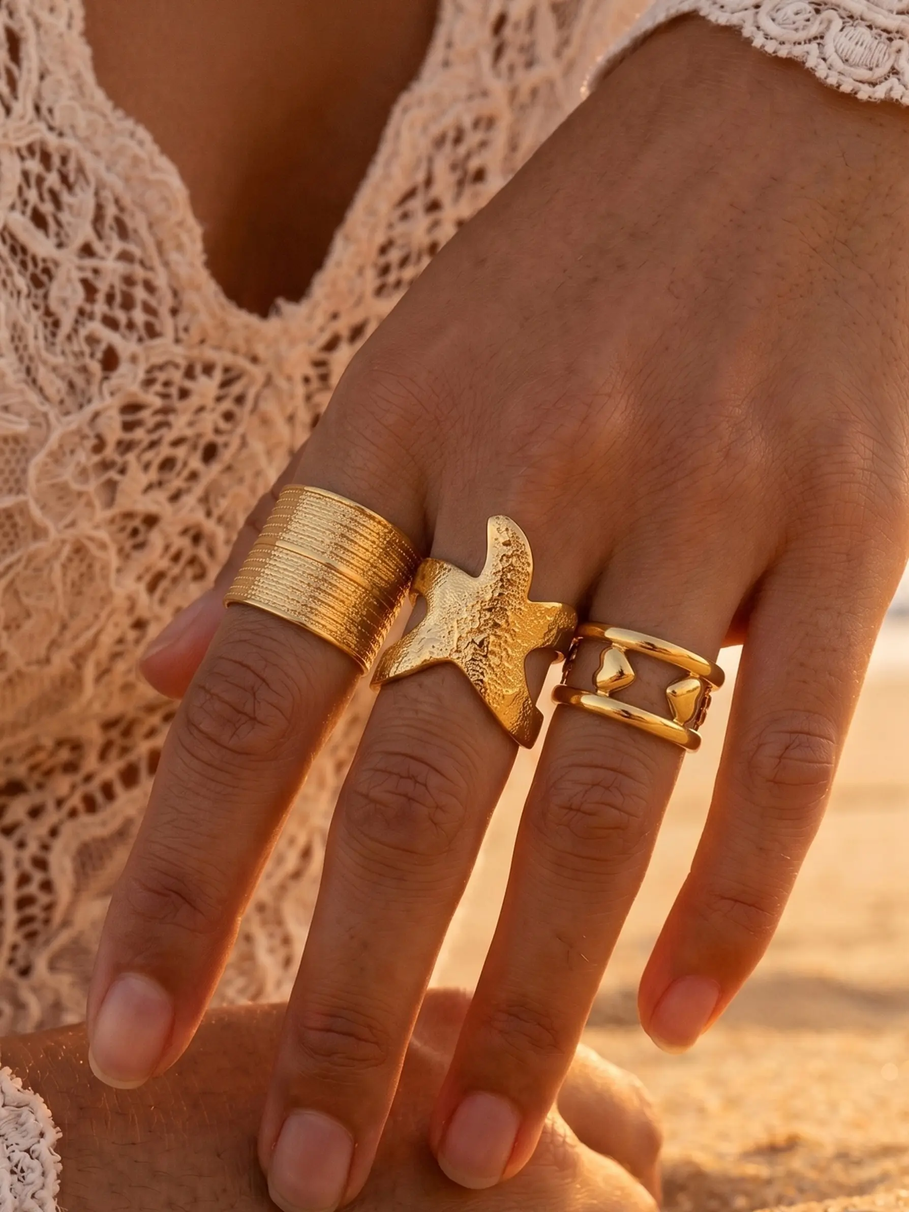 Stainless Steel Open Ring Set - 3 Piece Starfish, Texture, Heart Design Stackable Rings for Women, Elegant Jewelry Accessories