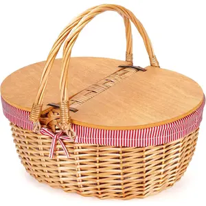 Lined Wicker, Wooden Split Lid, Vintage Style Wicker with Foldable Woven Handle, Suitable Picnics, Camping, Outdoor,'s Day, Thanksgiving, Birthday (Red)