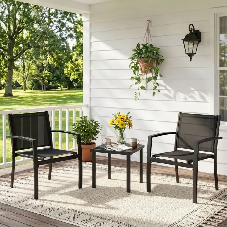 Vineego 3-Piece Outdoor Bistro Set, Breathable Textilene Chairs & Glass Coffee Table for Patio Balcony,Space-Saving Patio Essentials