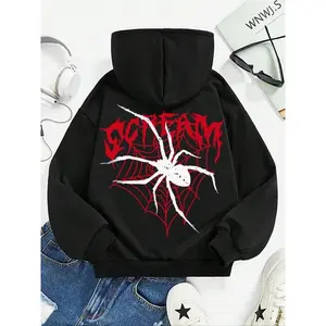 Women's Spider and Letter Printed Off Shoulder Hoodie, Street Style Casual Drawstring Hoodie, Suitable for Daily Holiday Outdoor Wear, Autumn/Winter, Halloween Women's Wear