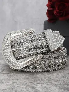 1pc Luxury Western Cowboy PU Belt, Silver Color Rhinestone Design, Unisex Party Waistband, Vintage Pattern, Suitable for All Seasons, Men Accessories