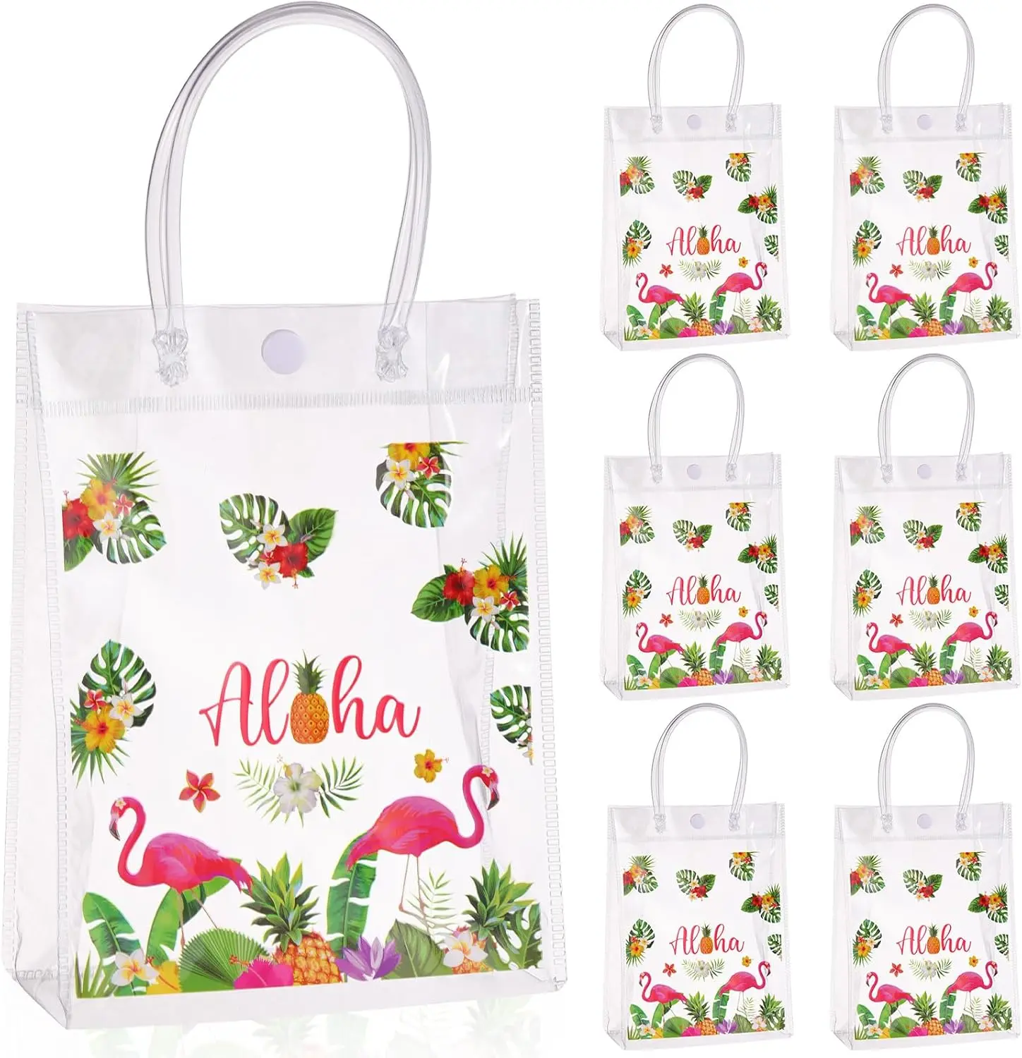 24 Pcs Hawaiian Clear Gift Bags Flamingo Clear Aloha Bags PVC Summer Tropical Goodie Candy Luau Party Favors Festival Holiday Supplies Favor(5.9 x 7.9 x 2.8 Inches)