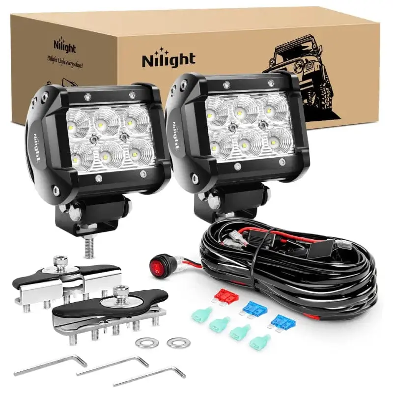 Nilight 2pcs 4inch 18w Flood LED Light Pods for Car Illumination, 6063 Aluminum Profile, Pillar Hood Bracket Mount Kit, 16AWG Wire, 3Pin Switch, 9-30V DC, -40~85°C, 1260lm, Flood Beam