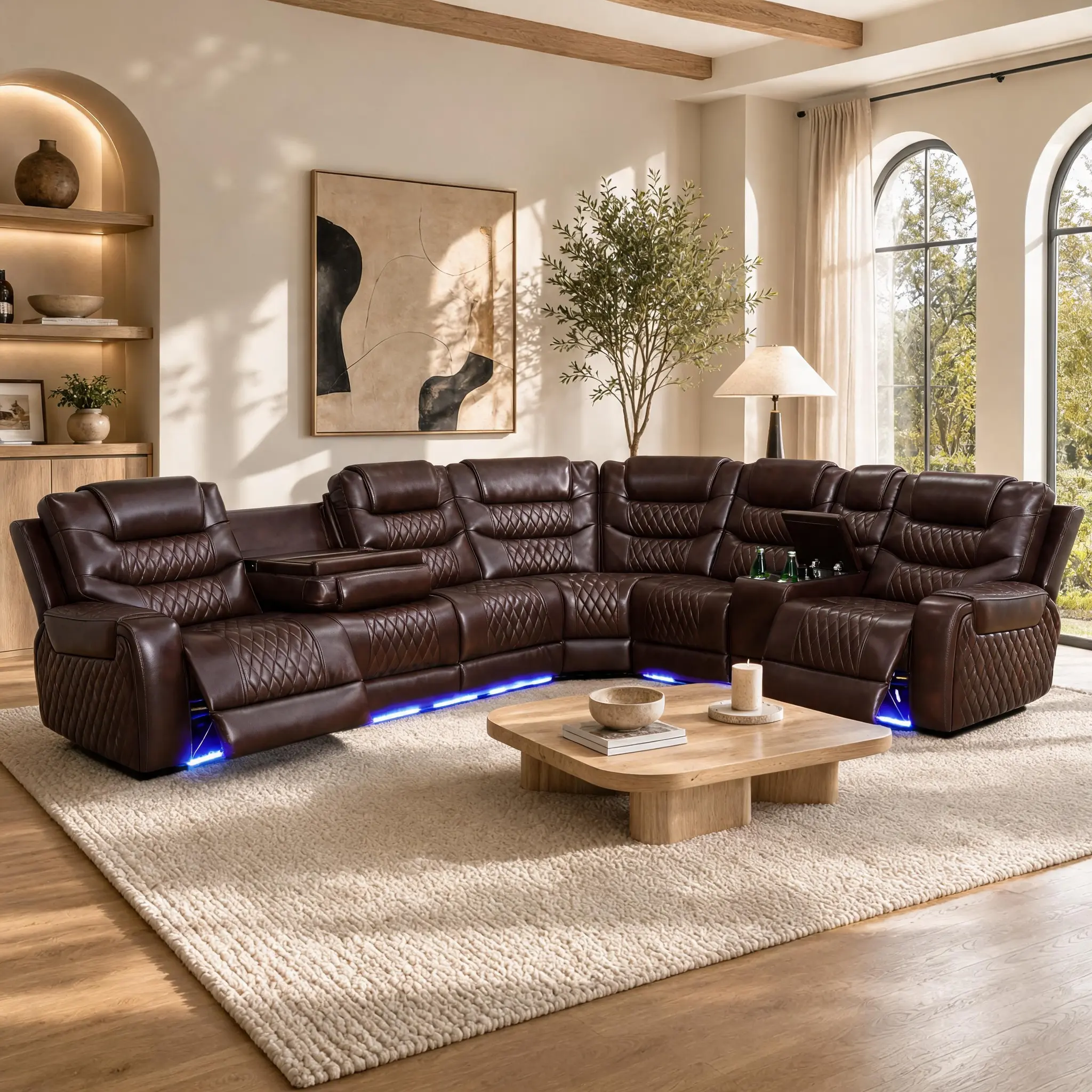 3-Piece Dark Red Breathing Leather Recliner Sofa Set with LED Lighting and Storage, Living Room Furniture for Lifestyle Spaces