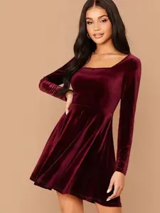 Burgundy Square Neck Wide Hem Velvet Long Sleeve Dress, Elegant Party Gown, Fall Fashion, Women's Clothing, Comfortable and Stylish, Womenswear