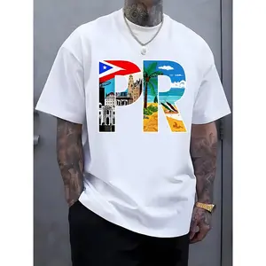 COD Puerto Rico Letter Illustration Print Men'S Top, Casual Short-Sleeve Round-Neck T-Shirt, Suitable For Summer And Spring, Men'S Summer Outdoor Clothing