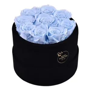 9 Baby Blue Roses - Black Round Velvet Box