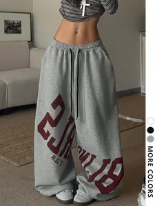 Women's Casual Jogger Pants, Y2K Street Style, Letter Print Wide Leg Straight Leg, Comfortable Soft Fleece, Fall Winter Wear