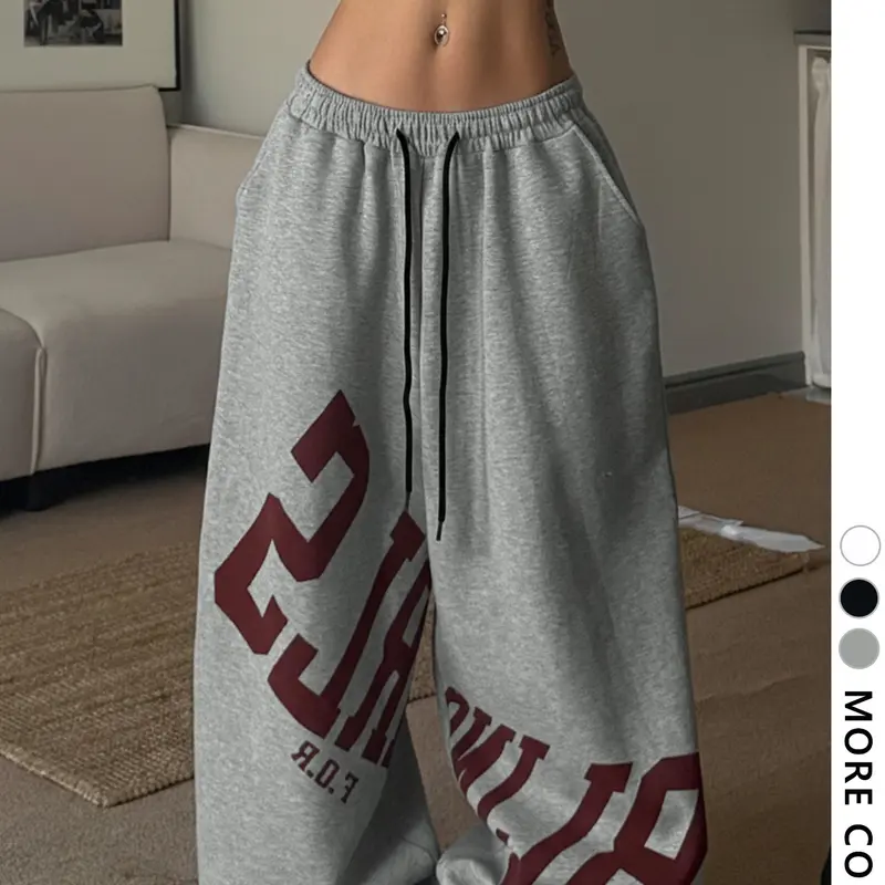Women's Casual Wide-Leg Athletic Sweatpants, Y2K Street Style, Letter-Print Fleece Bottoms for Fall and Winter, Comfortable Athleisure Wear