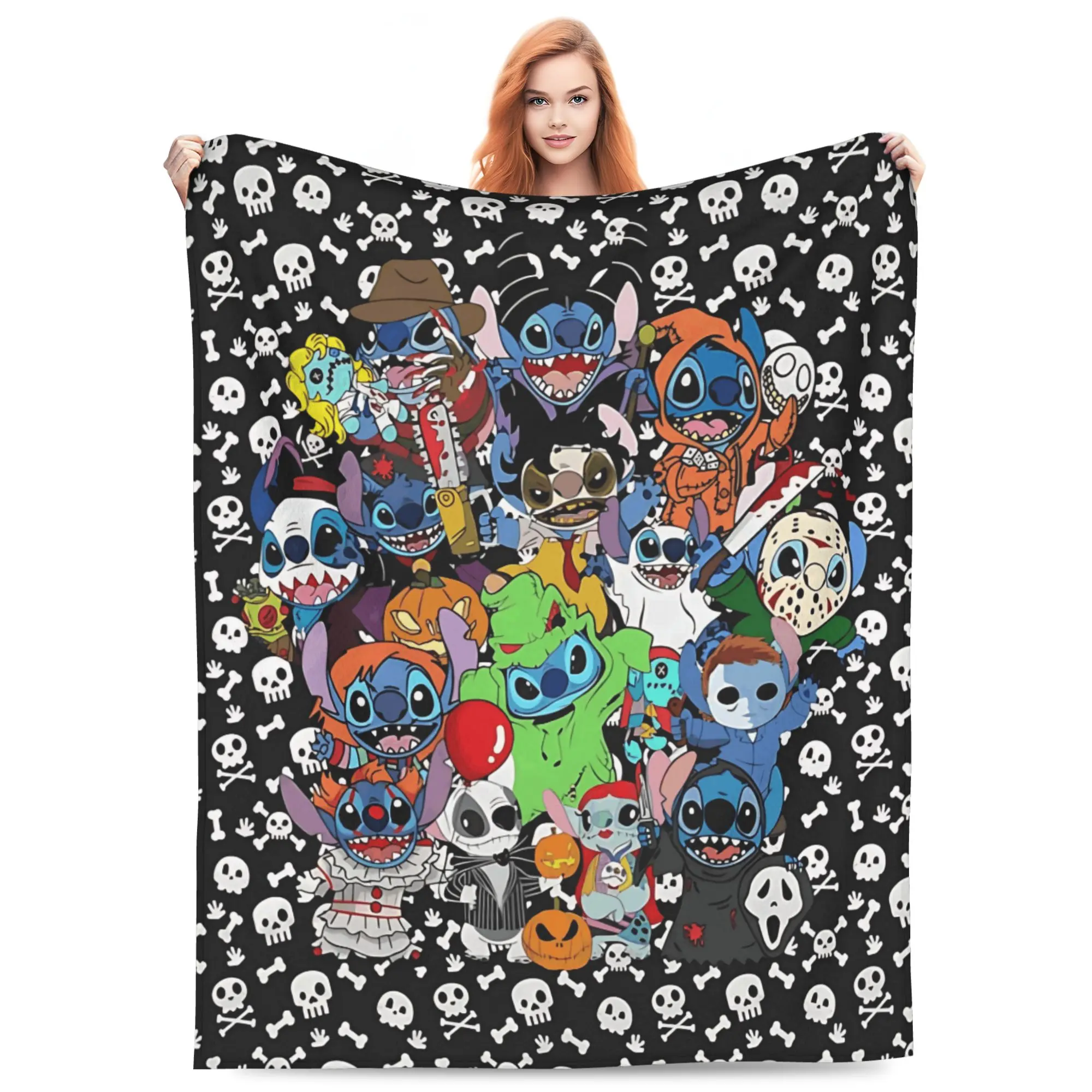 DISNEY CLASSIC Halloween Stitch Horror Movie Character Blanket, Cute Lilo & Stitch Cosplay Horror Villains Flannel Throw Blanket, Skull Bone Background Soft Lightweight Fleece Blanket for Couch Sofa Bed Bedroom Decor, Halloween Gift for Kids Adults