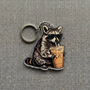Cool Raccoon Coffee Keychain, Funny Trash Panda Acrylic Keyring, Iced Coffee Lover Bag Charm, Cute Animal Keychain Gift
