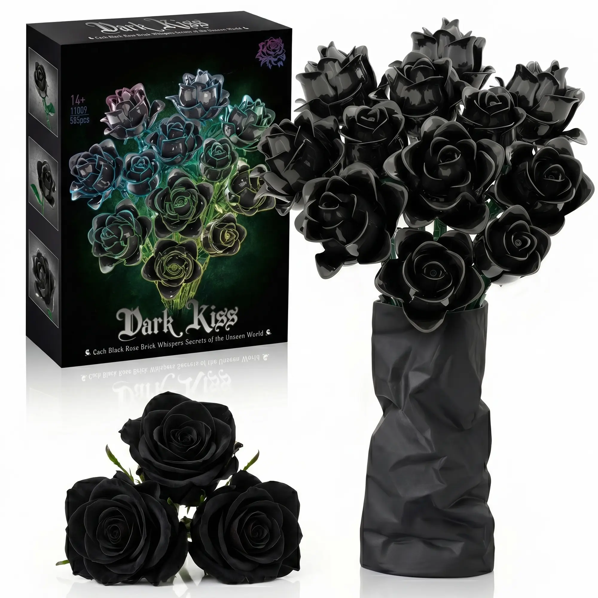 Gothic-Style Black Rose Flower Bouquet Building Set - Botanical Series Building Blocks, Decorative Ornaments for Vase Centerpiece, Ideal Gift for Women for Mother's Day, Valentine's Day, Birthdays, Industrial