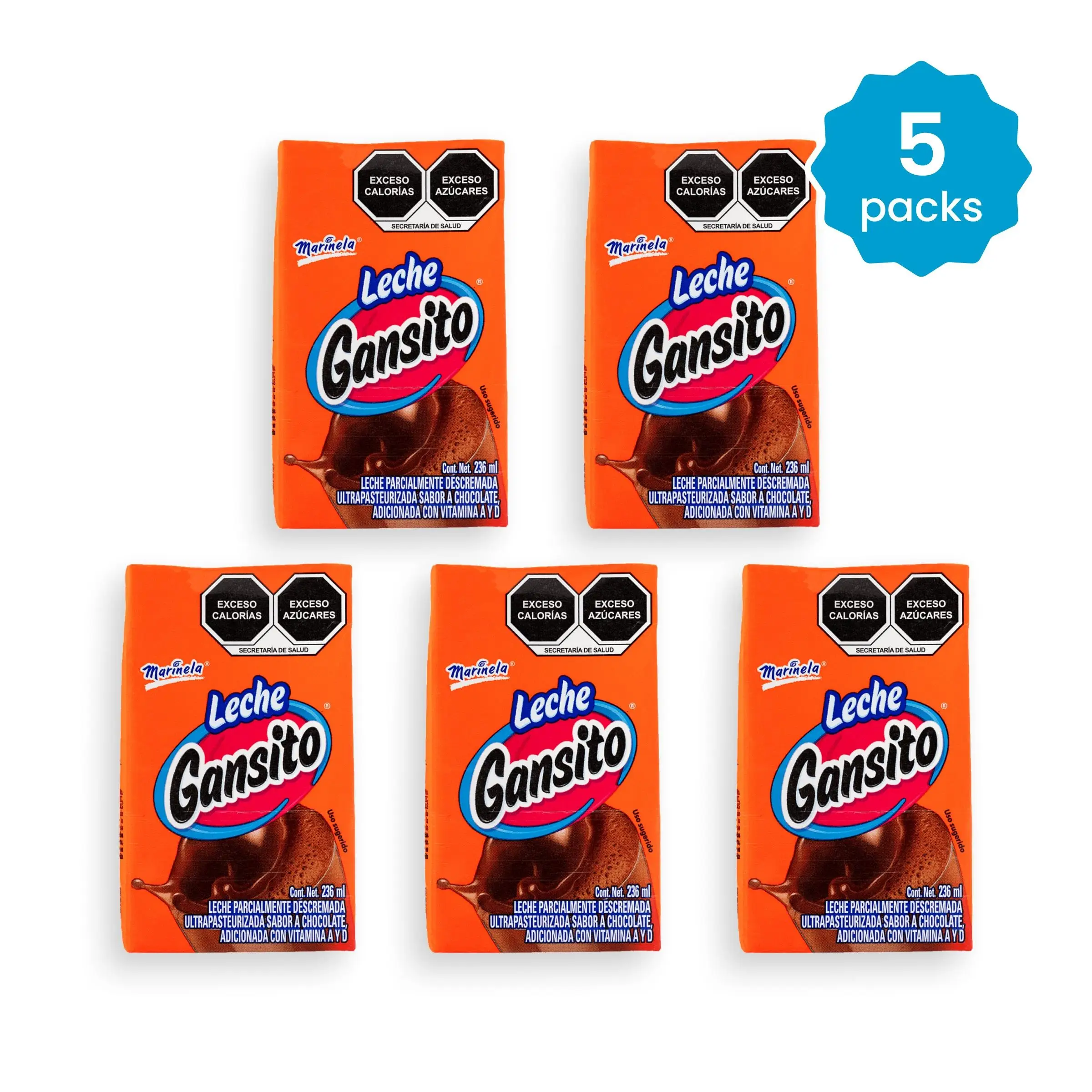 Marinela Leche Gansito Chocolate Milk Drink - 236ml Carton with Vitamin A & D, 8oz Bottle - Mexican Vitamin Breakfast