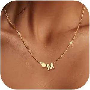 CASSIECA Women's Adjustable Long Initial Heart Necklace, Stainless Steel Gold Tiny Heart Letter Pendant, Personalised Daily Fashion Jewelry Gift SummerVibes