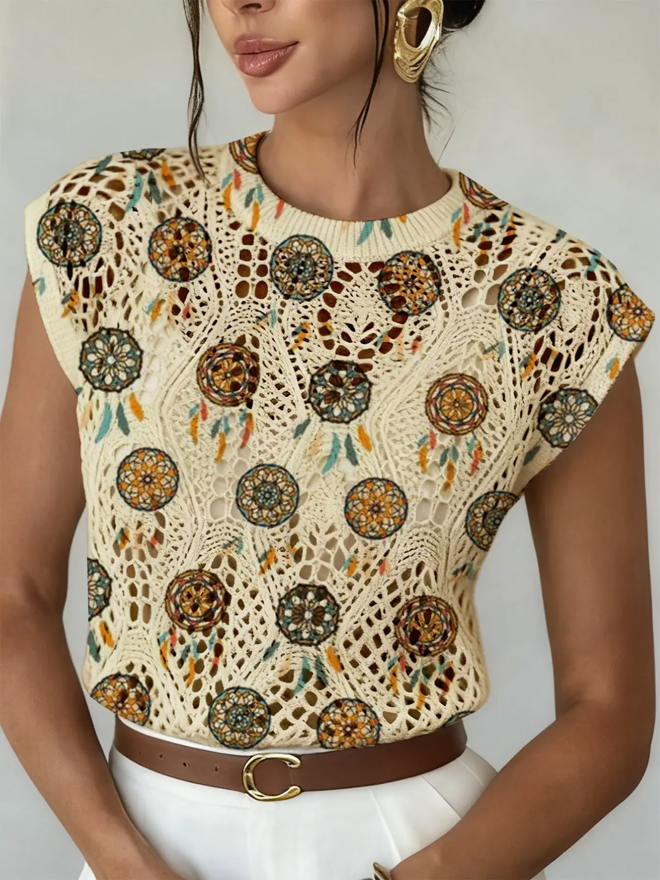 Women's Vintage Artistic Dreamcatcher Geometric Print Round Neck Sweater, Casual Loose-Fitting Knit Top for Spring Summer Fall