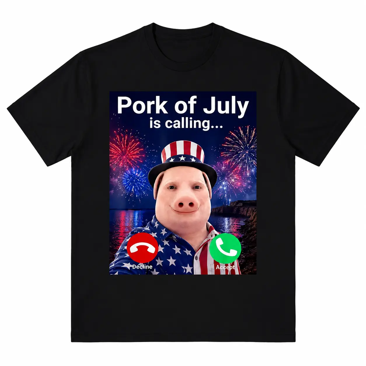 Funny Uncle Sam John Pork Call Screen Fireworks July 4th Meme T-Shirt - Short-Sleeve Round Neck Streetwear Top, Trendy Viral Independence Day Internet Humor Casual Sport & Outdoor Top, Shortsleeve, Regular Fit, Digital Print, Casual Tee, Uncle Sam Pig, Tw