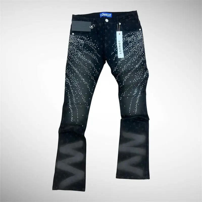 Men’s Black Rhinestone Flare Jeans Streetwear Designer Denim