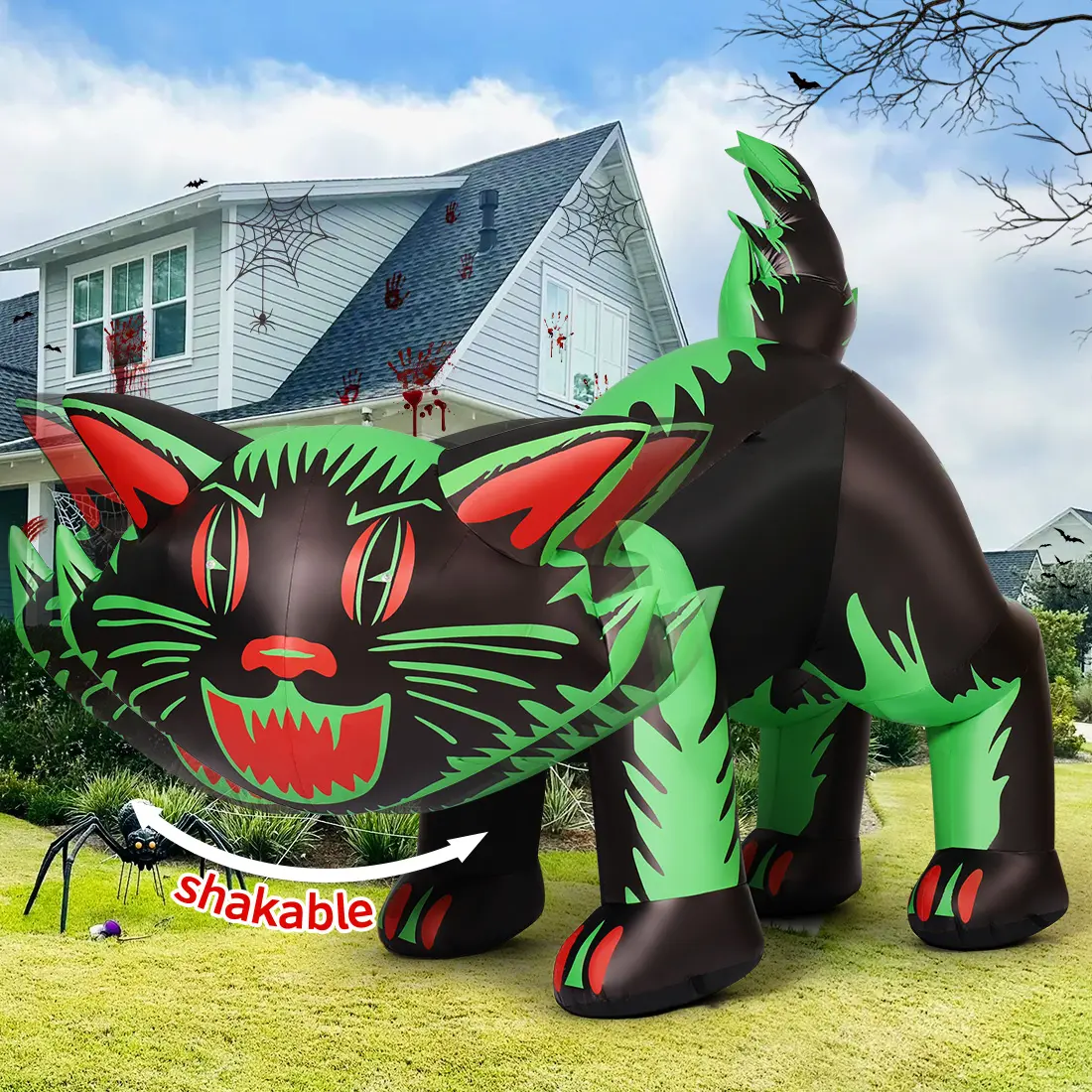 GOOSH 7 FT Halloween Inflatables Cat Outdoor Decorations Blow Up Yard Cat with Shakable Head with Built-in LEDs for Indoor Party Garden Lawn Decor Ornaments