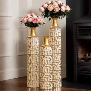 3Pcs Floor Vases, Gold Large Decorative Vases, Antique Worn Vases, Metal Cylinder Vases Floor Standing Vintage Big Vases High Vases for Twigs Dried Flowers Living Room, 32/28/24 inch Home Metal Decorating Bouquet Ornaments Dining Table Centerpiece