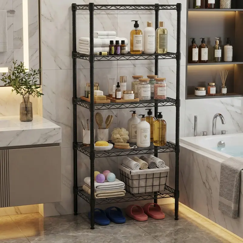 Sweetcrispy Heavy-Duty Adjustable Rustproof Metal Storage Rack - Rectangular Open Shelf Storage Unit, Multifunctional Durable Freestanding Floor Shelf for Garage Organization, Beauty, Kitchen Pantry & Bathroom Organization