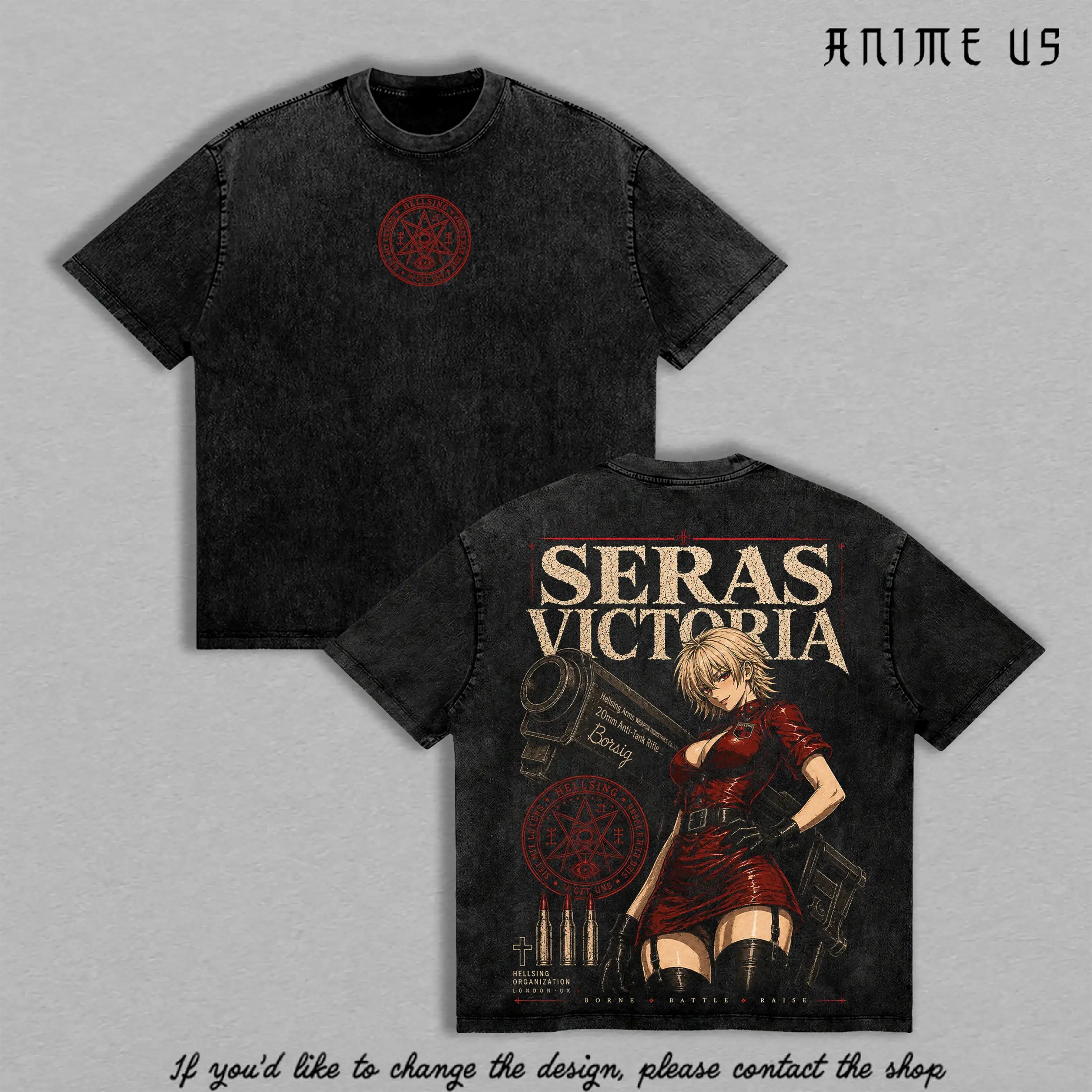 Men's Hellsing Seras Victoria Vampire Heroine Cosplay T-Shirt - Thick Heavyweight Cotton, Double Printed Gothic Anime Graphic, Short-Sleeve Casual Menswear Streetwear