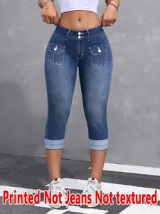 Women's Printed Tight-Fitting Pants, Non-Denim Fabric, Seven-Inch Leggings, Faux Denim Print, All-Season Wear, Comfortable and Stylish