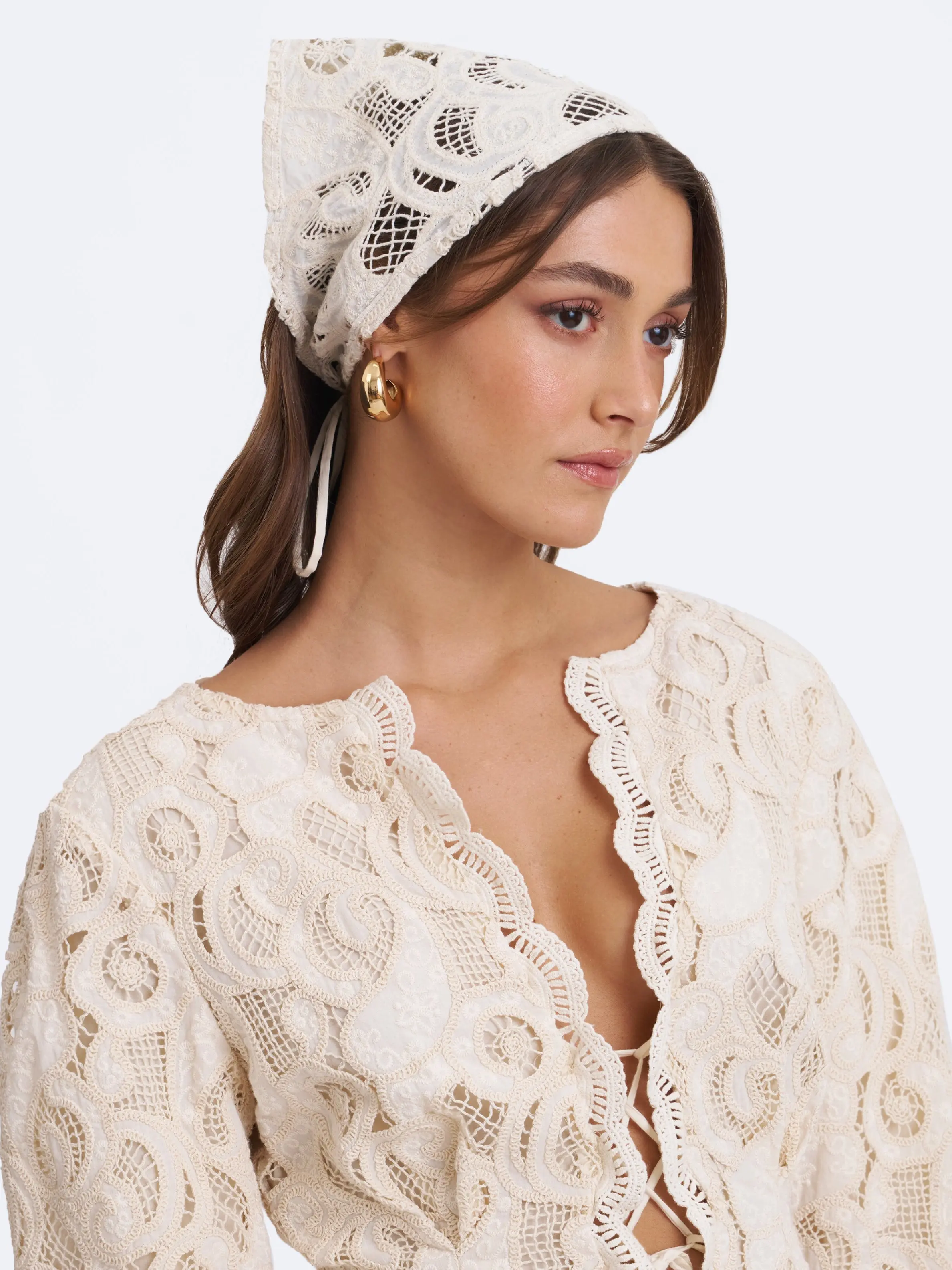 Janie Beige Cotton Lace Triangle Head Scarf