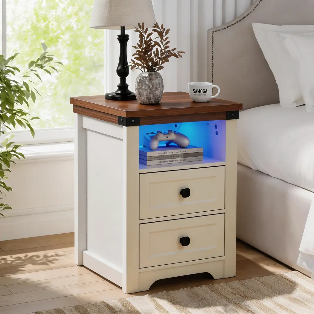 Antique Farmhouse White Nightstand - Indoor Bedroom Side Table with Charging Station, Ports, Standard Sockets, Drawers, Open Shelf, Contrast Colors, Easy Setup, Sturdy Legs
