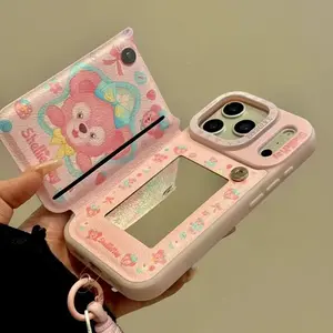 Cute Star Bear Flip Mirror with Card Holder Phone Case for iPhone 16 15 14 Pro Max 17 Pro Cover with Plush Pendant Cartoon Capa
