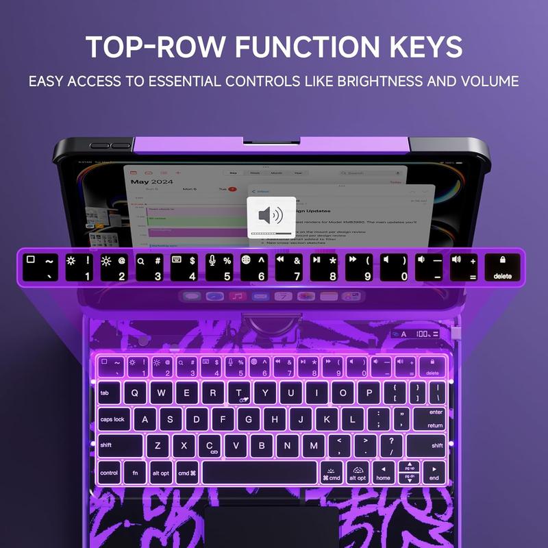 Y2K Dopamine Purple iPad Case With Keyboard- 360° Rotating Multi-Touch Trackpad, RGB Backlit Keyboard, Transparent Back, Pencil Holder, Type-C Charging
