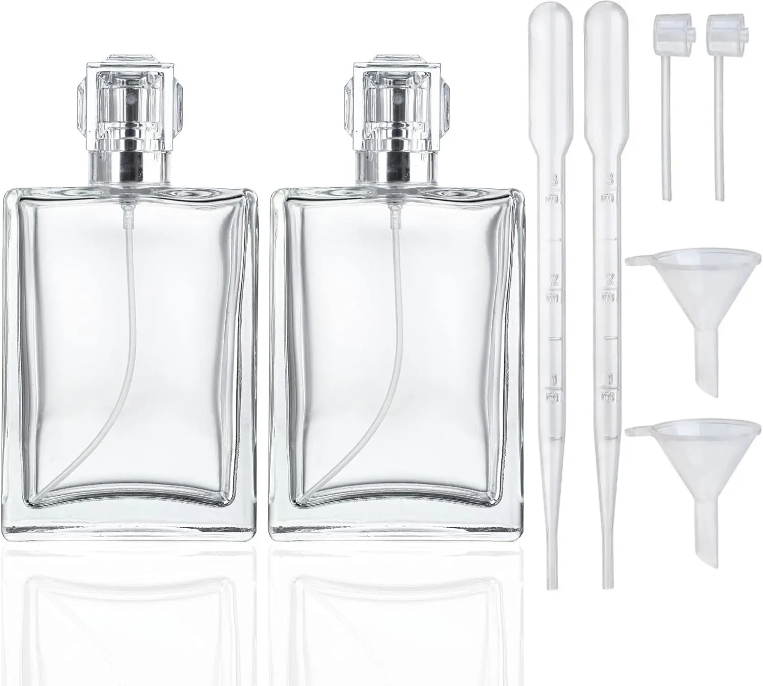 YU FENG 2 Pack Perfume Spray Bottles, 100ml/3.4oz Refillable Glass Perfume Atomizer, Empty Square Clear Glass Cologne Bottles with Fine Mist Spray