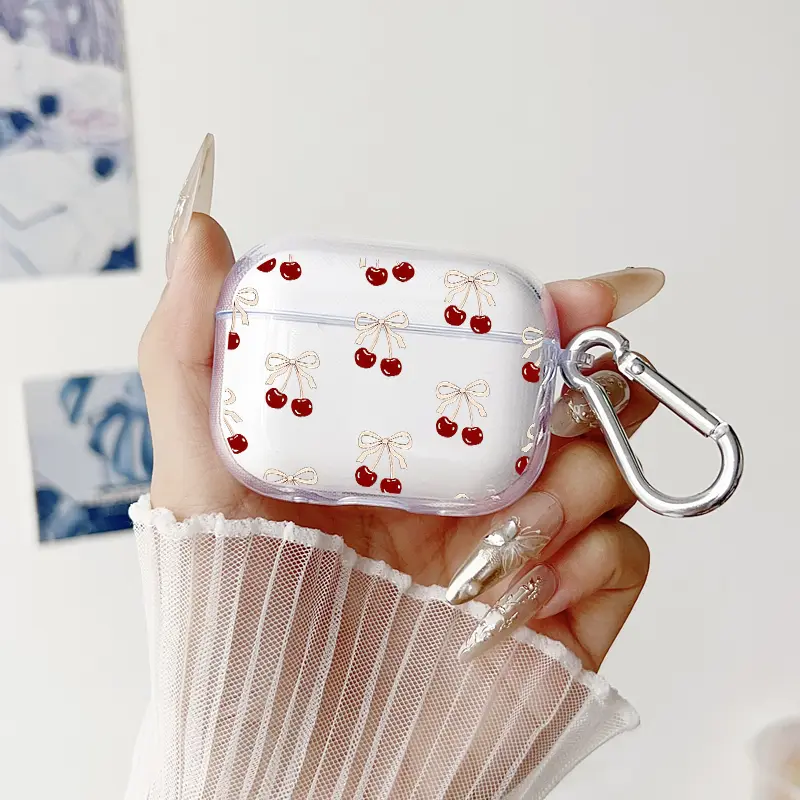 TPU Soft Silicone Multi-Model Earphone Case, Red Cherries & White Butterfly Bows Pattern, Transparent Unisex Accessory for 1-4/Pro/Pro2 Wireless Earbuds, with Keychain Clip & Lanyard for Protection