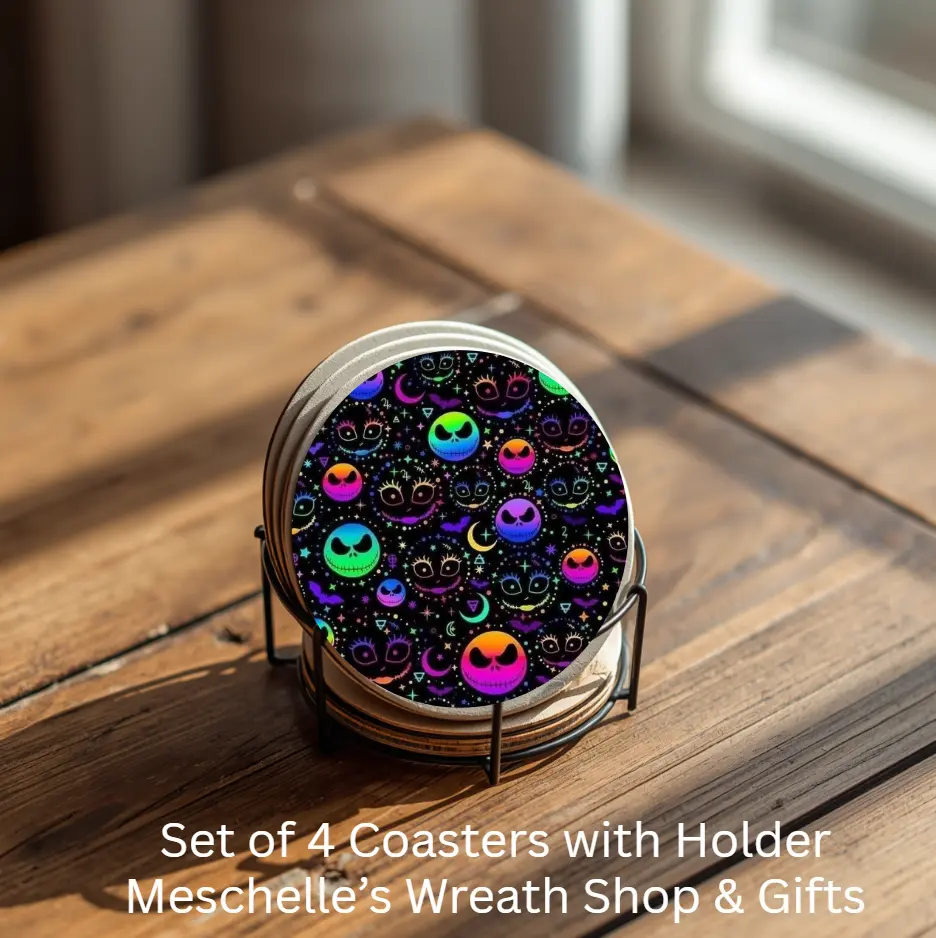 Halloween Themed Round Ceramic Coasters Set of 4 with Metal Holder, Kitchen Tableware for Coffee Cups