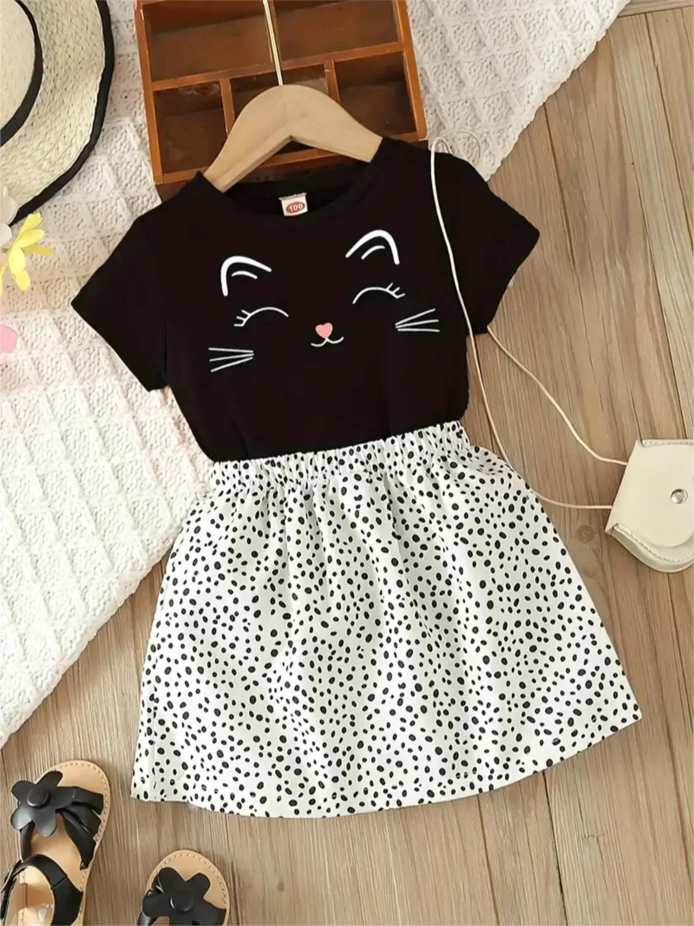 Girl's Cartoon Cat Print Tee & Polka Dot Print Skirt Two-Piece Set, Casual Fashion Round Neck T-shirt & Knee Length Skirt for Daily Wear, Kids Summer