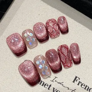 [Wine] Short Square Handmade Press on Nails, Fake Nails with Nail tool kit with Jelly Stickers, Reusable, Durable